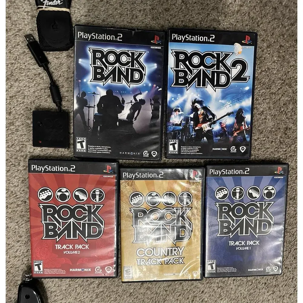 PlayStation 2 PS2 Rock Band Guitar W Stratocaster Dongle & 5 Rockband Games